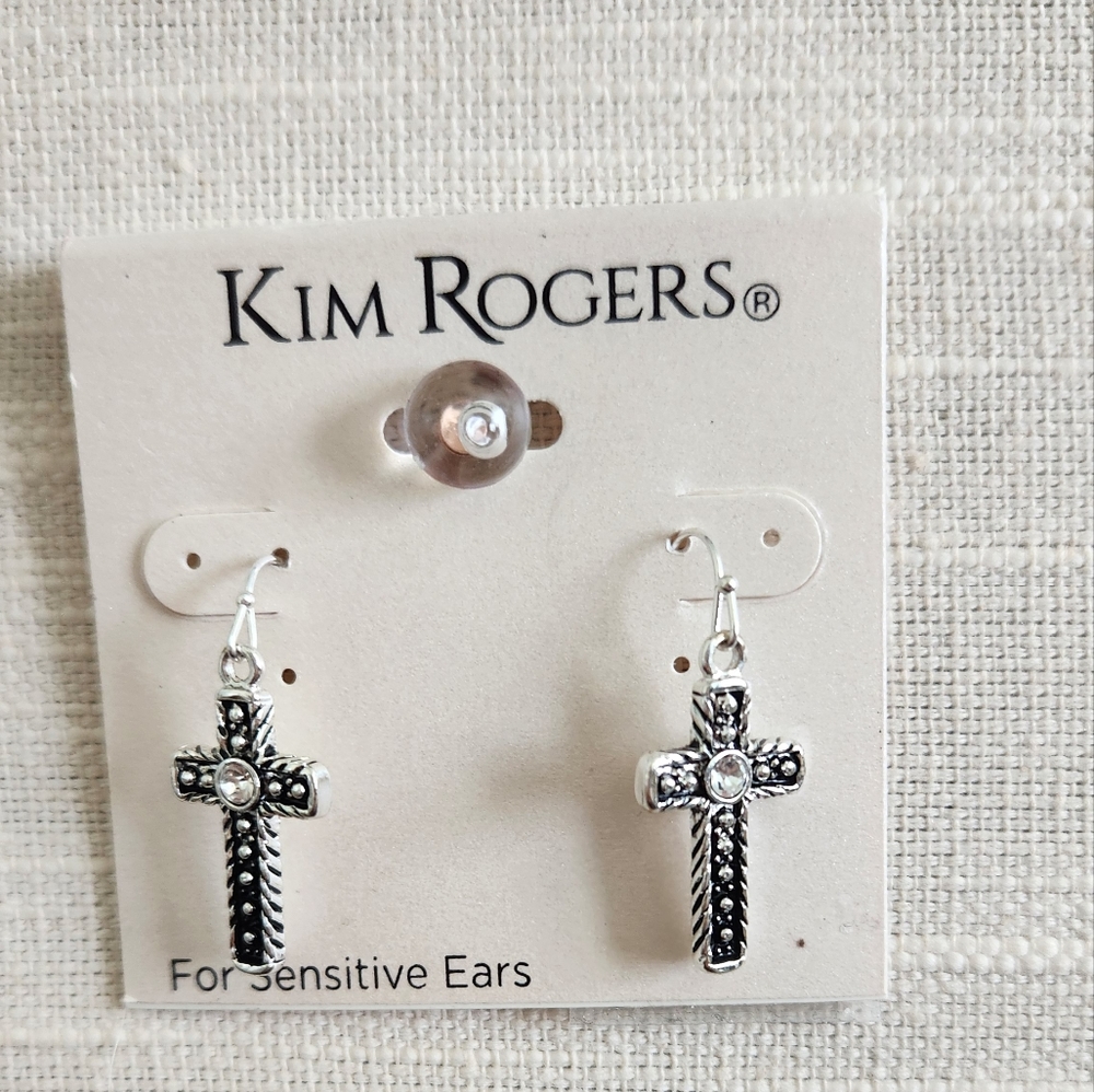 🆕️ KIM ROGERS ANTIQUED SILVER CROSS EARRINGS